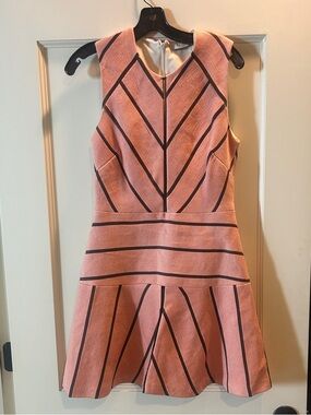 SANDRO FIT FLARE RAPPERY DIAGONAL-STRIPE COTTON-BLEND DRESS IN PINK SIZE 3=US 8